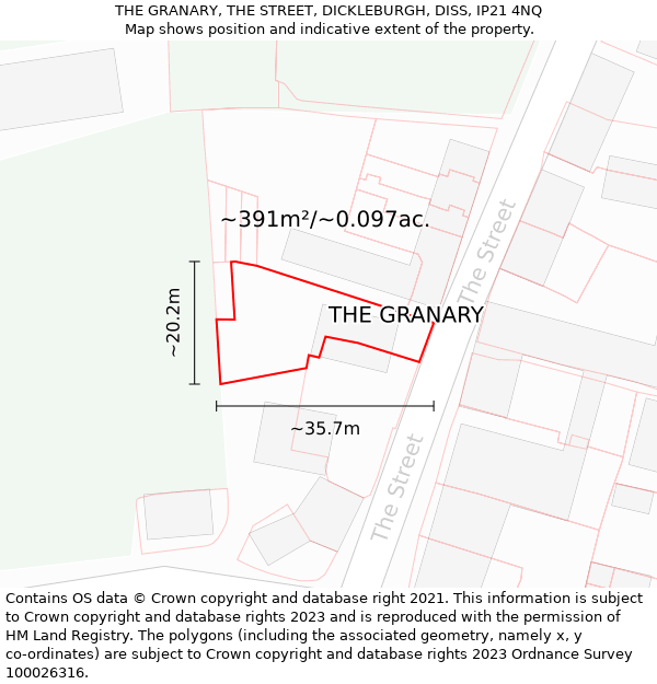 THE GRANARY, THE STREET, DICKLEBURGH, DISS, IP21 4NQ: Plot and title map