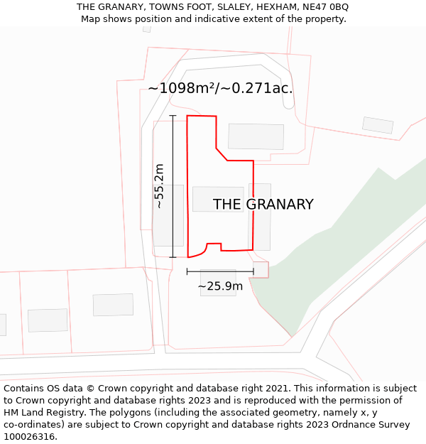 THE GRANARY, TOWNS FOOT, SLALEY, HEXHAM, NE47 0BQ: Plot and title map
