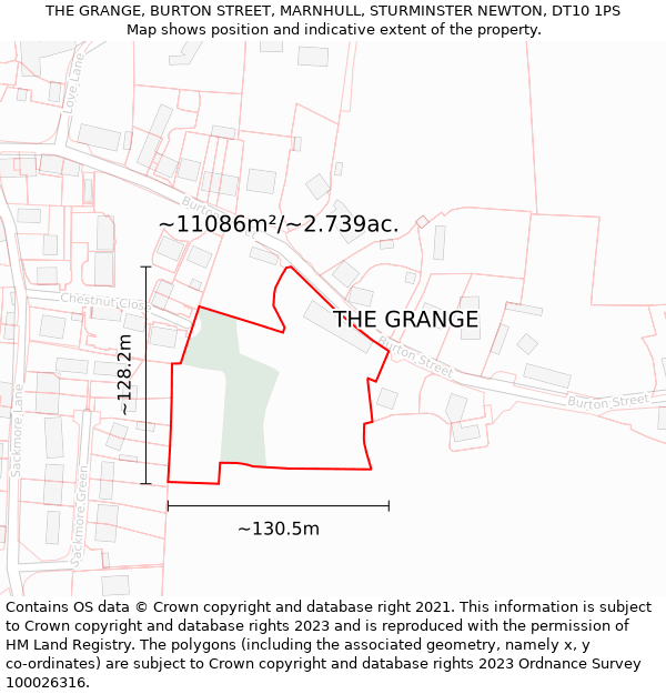 THE GRANGE, BURTON STREET, MARNHULL, STURMINSTER NEWTON, DT10 1PS: Plot and title map