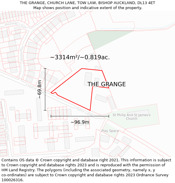 THE GRANGE, CHURCH LANE, TOW LAW, BISHOP AUCKLAND, DL13 4ET: Plot and title map