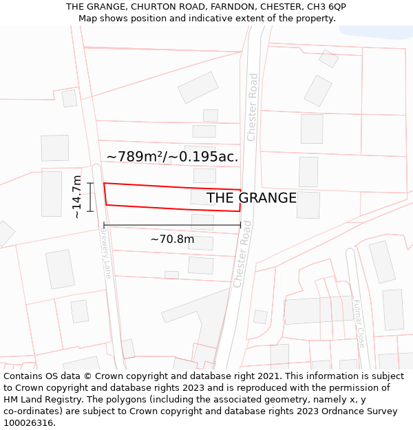 THE GRANGE, CHURTON ROAD, FARNDON, CHESTER, CH3 6QP: Plot and title map