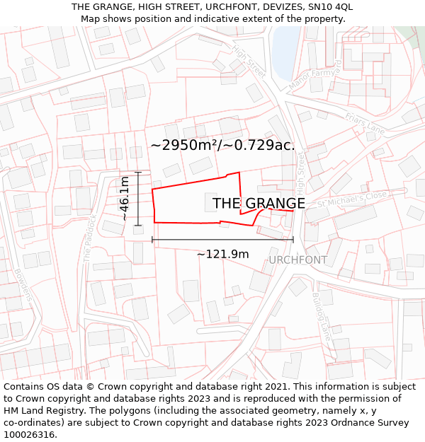 THE GRANGE, HIGH STREET, URCHFONT, DEVIZES, SN10 4QL: Plot and title map