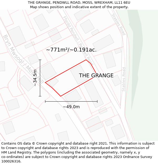 THE GRANGE, PENDWLL ROAD, MOSS, WREXHAM, LL11 6EU: Plot and title map