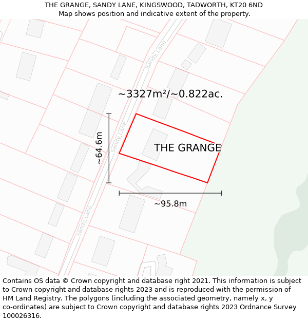 THE GRANGE, SANDY LANE, KINGSWOOD, TADWORTH, KT20 6ND: Plot and title map