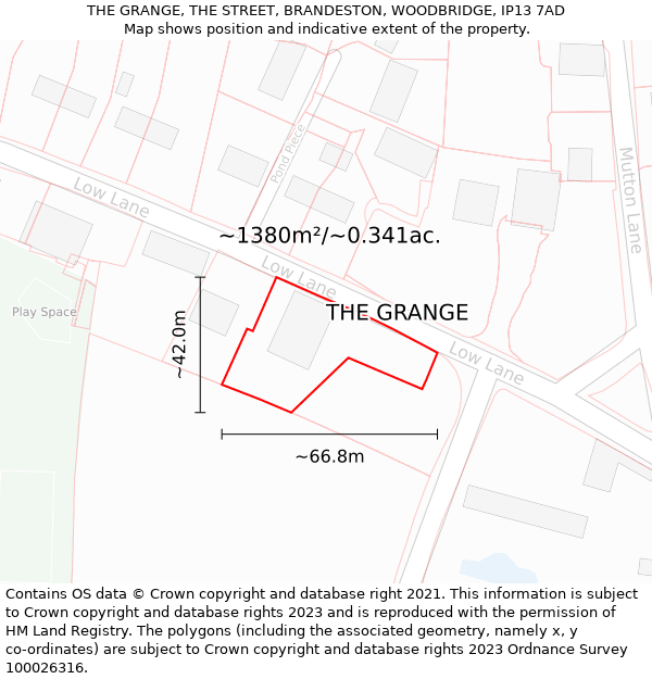THE GRANGE, THE STREET, BRANDESTON, WOODBRIDGE, IP13 7AD: Plot and title map