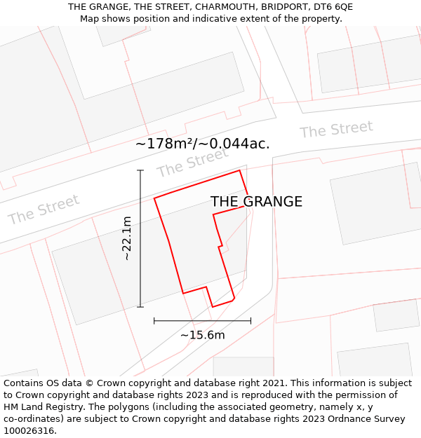 THE GRANGE, THE STREET, CHARMOUTH, BRIDPORT, DT6 6QE: Plot and title map