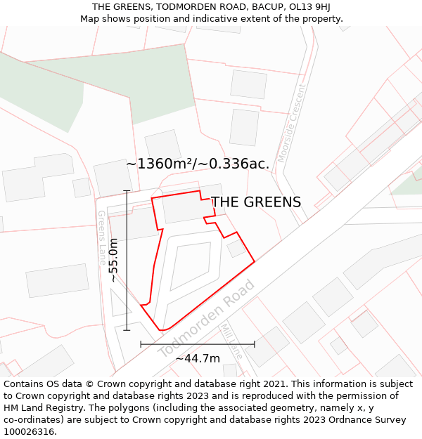 THE GREENS, TODMORDEN ROAD, BACUP, OL13 9HJ: Plot and title map