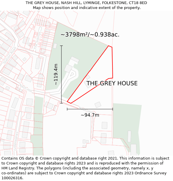 THE GREY HOUSE, NASH HILL, LYMINGE, FOLKESTONE, CT18 8ED: Plot and title map