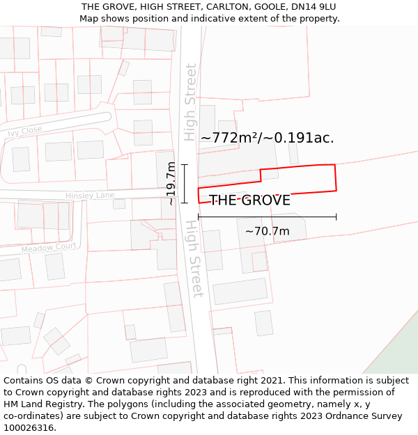 THE GROVE, HIGH STREET, CARLTON, GOOLE, DN14 9LU: Plot and title map