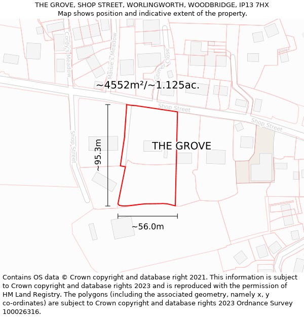 THE GROVE, SHOP STREET, WORLINGWORTH, WOODBRIDGE, IP13 7HX: Plot and title map