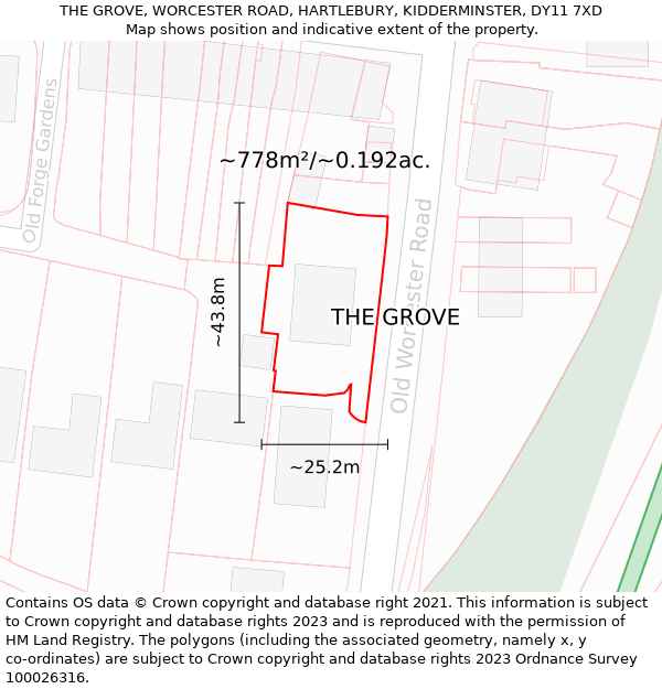 THE GROVE, WORCESTER ROAD, HARTLEBURY, KIDDERMINSTER, DY11 7XD: Plot and title map