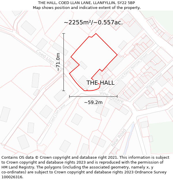 THE HALL, COED LLAN LANE, LLANFYLLIN, SY22 5BP: Plot and title map