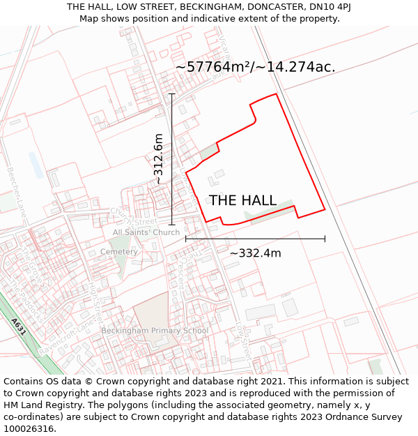 THE HALL, LOW STREET, BECKINGHAM, DONCASTER, DN10 4PJ: Plot and title map