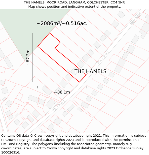 THE HAMELS, MOOR ROAD, LANGHAM, COLCHESTER, CO4 5NR: Plot and title map