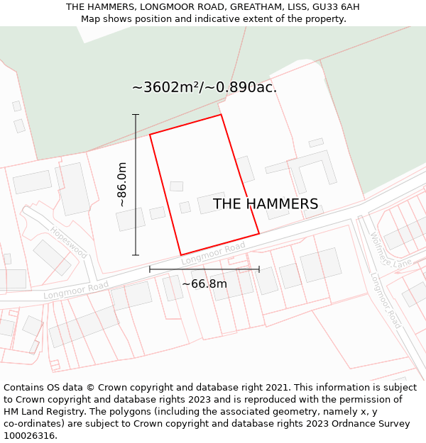 THE HAMMERS, LONGMOOR ROAD, GREATHAM, LISS, GU33 6AH: Plot and title map