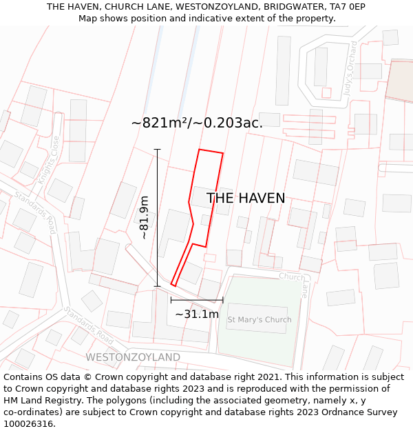 THE HAVEN, CHURCH LANE, WESTONZOYLAND, BRIDGWATER, TA7 0EP: Plot and title map