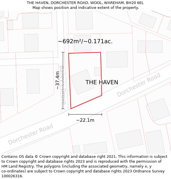 THE HAVEN, DORCHESTER ROAD, WOOL, WAREHAM, BH20 6EL: Plot and title map
