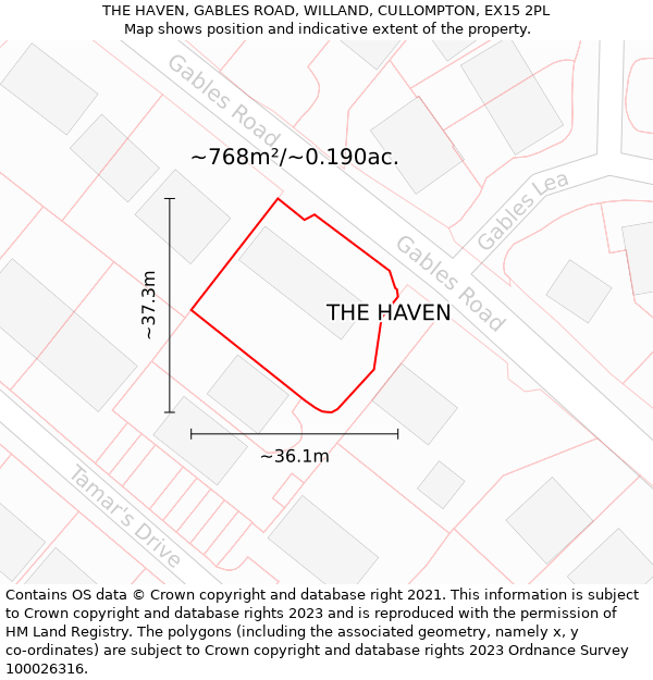 THE HAVEN, GABLES ROAD, WILLAND, CULLOMPTON, EX15 2PL: Plot and title map