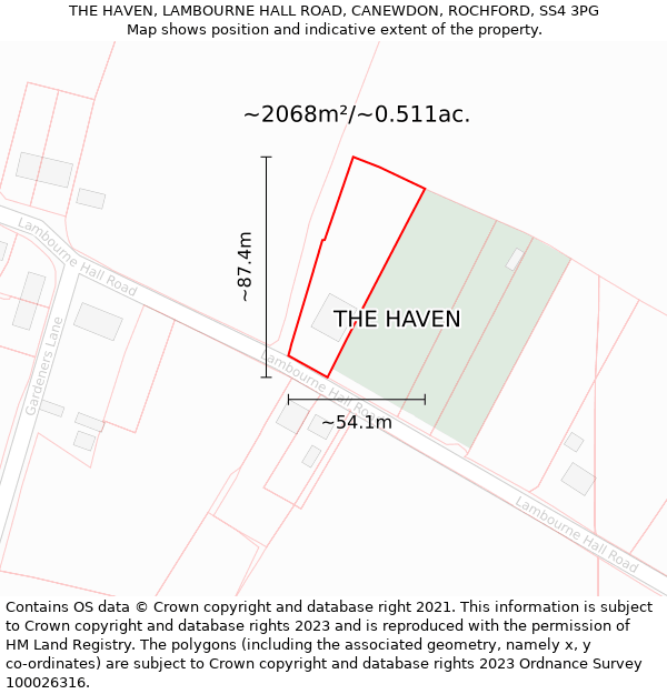 THE HAVEN, LAMBOURNE HALL ROAD, CANEWDON, ROCHFORD, SS4 3PG: Plot and title map