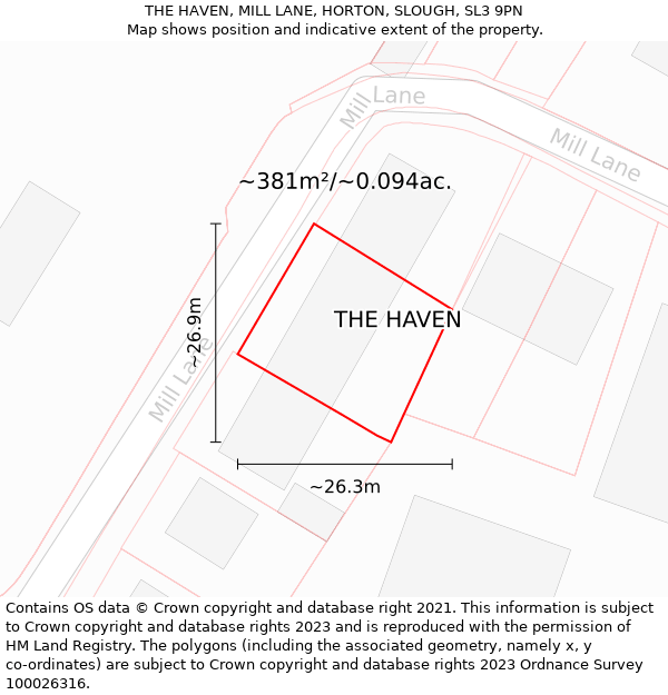 THE HAVEN, MILL LANE, HORTON, SLOUGH, SL3 9PN: Plot and title map
