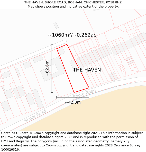 THE HAVEN, SHORE ROAD, BOSHAM, CHICHESTER, PO18 8HZ: Plot and title map