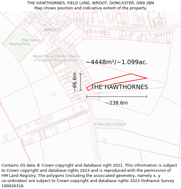 THE HAWTHORNES, FIELD LANE, WROOT, DONCASTER, DN9 2BN: Plot and title map