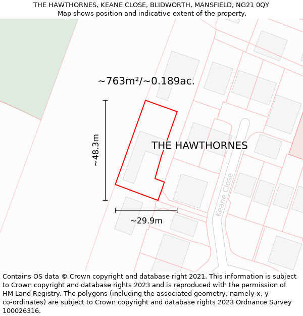 THE HAWTHORNES, KEANE CLOSE, BLIDWORTH, MANSFIELD, NG21 0QY: Plot and title map