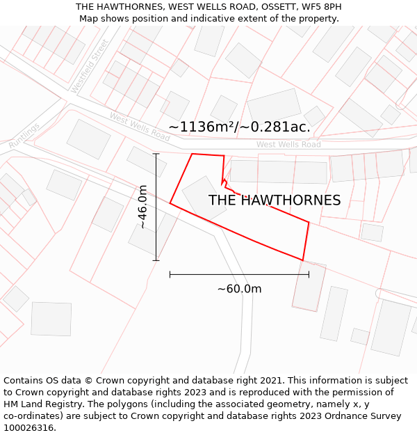 THE HAWTHORNES, WEST WELLS ROAD, OSSETT, WF5 8PH: Plot and title map