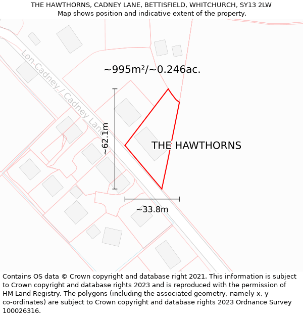 THE HAWTHORNS, CADNEY LANE, BETTISFIELD, WHITCHURCH, SY13 2LW: Plot and title map