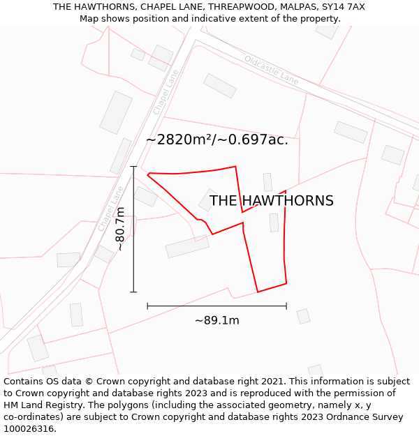 THE HAWTHORNS, CHAPEL LANE, THREAPWOOD, MALPAS, SY14 7AX: Plot and title map