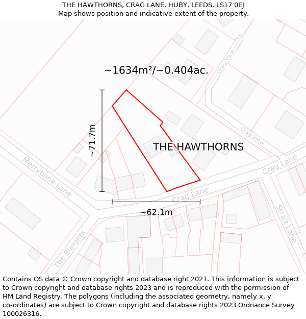 THE HAWTHORNS, CRAG LANE, HUBY, LEEDS, LS17 0EJ: Plot and title map