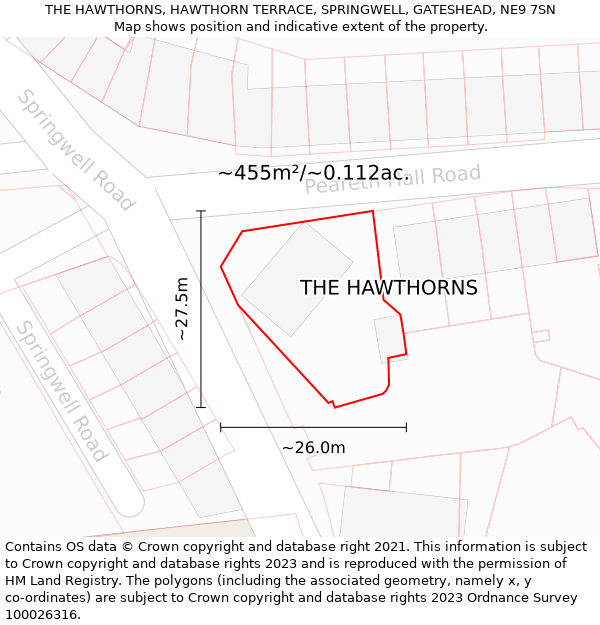 THE HAWTHORNS, HAWTHORN TERRACE, SPRINGWELL, GATESHEAD, NE9 7SN: Plot and title map