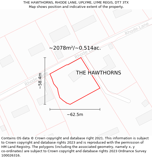 THE HAWTHORNS, RHODE LANE, UPLYME, LYME REGIS, DT7 3TX: Plot and title map