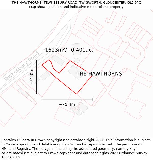 THE HAWTHORNS, TEWKESBURY ROAD, TWIGWORTH, GLOUCESTER, GL2 9PQ: Plot and title map