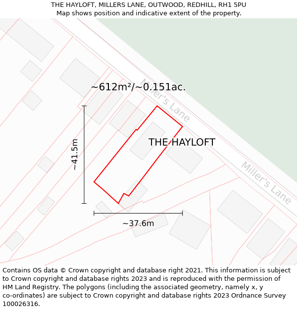 THE HAYLOFT, MILLERS LANE, OUTWOOD, REDHILL, RH1 5PU: Plot and title map