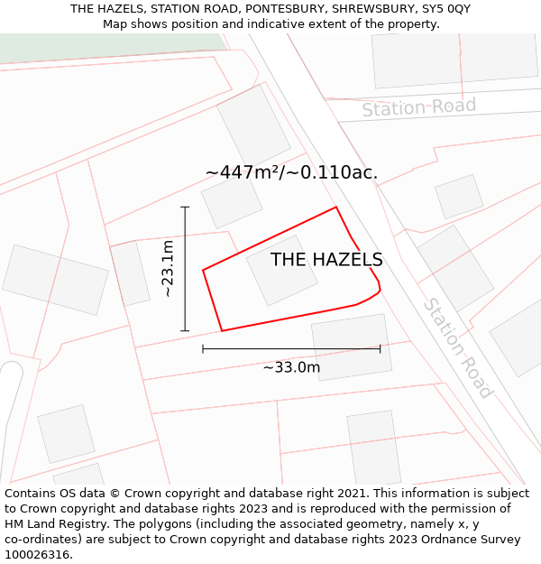 THE HAZELS, STATION ROAD, PONTESBURY, SHREWSBURY, SY5 0QY: Plot and title map