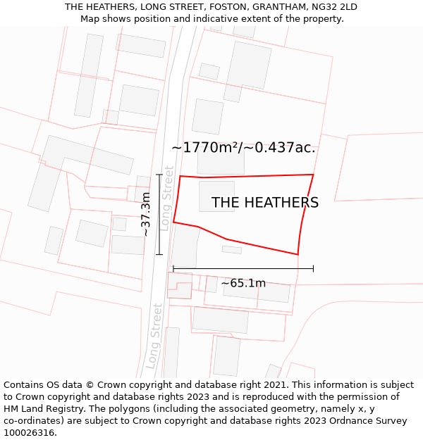 THE HEATHERS, LONG STREET, FOSTON, GRANTHAM, NG32 2LD: Plot and title map