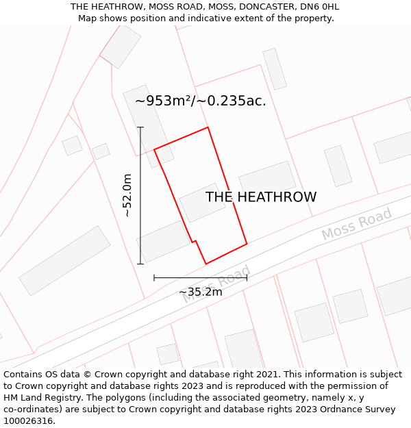 THE HEATHROW, MOSS ROAD, MOSS, DONCASTER, DN6 0HL: Plot and title map