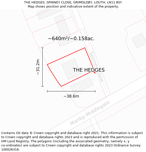 THE HEDGES, SPINNEY CLOSE, GRIMOLDBY, LOUTH, LN11 8SY: Plot and title map