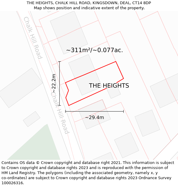 THE HEIGHTS, CHALK HILL ROAD, KINGSDOWN, DEAL, CT14 8DP: Plot and title map