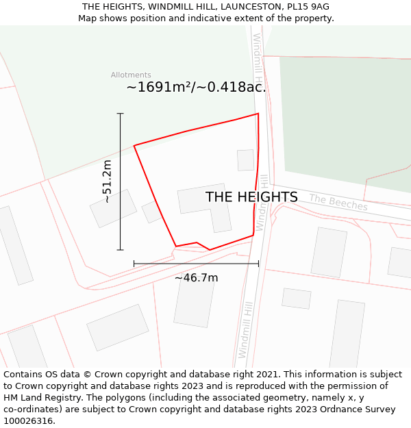 THE HEIGHTS, WINDMILL HILL, LAUNCESTON, PL15 9AG: Plot and title map