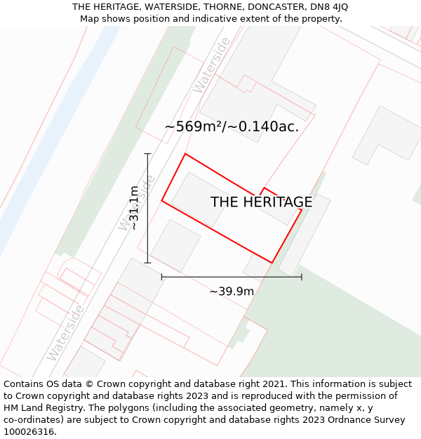 THE HERITAGE, WATERSIDE, THORNE, DONCASTER, DN8 4JQ: Plot and title map