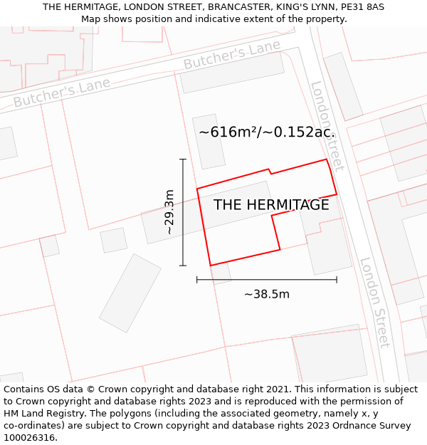 THE HERMITAGE, LONDON STREET, BRANCASTER, KING'S LYNN, PE31 8AS: Plot and title map