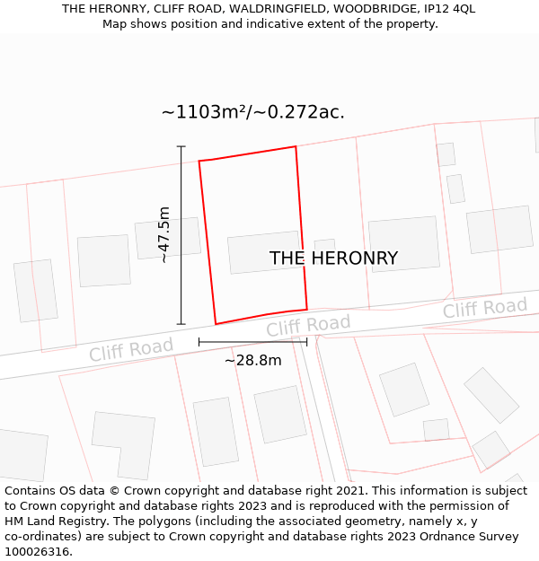 THE HERONRY, CLIFF ROAD, WALDRINGFIELD, WOODBRIDGE, IP12 4QL: Plot and title map