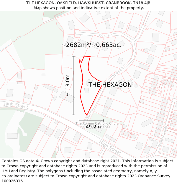 THE HEXAGON, OAKFIELD, HAWKHURST, CRANBROOK, TN18 4JR: Plot and title map