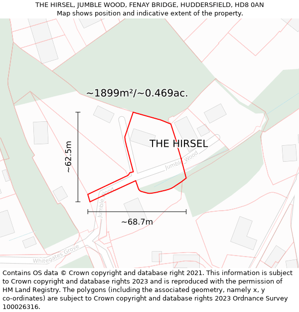 THE HIRSEL, JUMBLE WOOD, FENAY BRIDGE, HUDDERSFIELD, HD8 0AN: Plot and title map