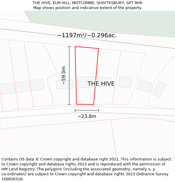 THE HIVE, ELM HILL, MOTCOMBE, SHAFTESBURY, SP7 9HR: Plot and title map