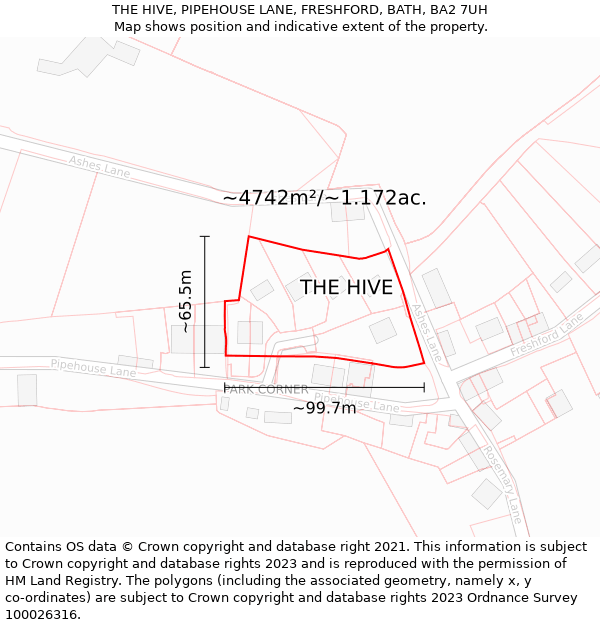 THE HIVE, PIPEHOUSE LANE, FRESHFORD, BATH, BA2 7UH: Plot and title map