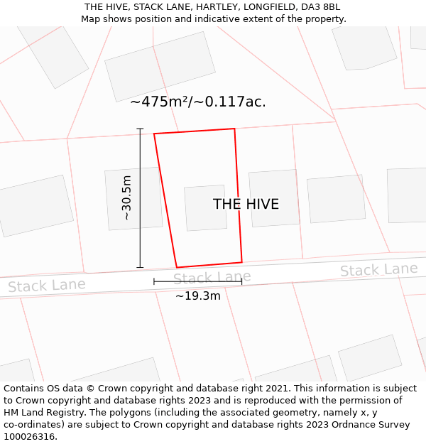 THE HIVE, STACK LANE, HARTLEY, LONGFIELD, DA3 8BL: Plot and title map