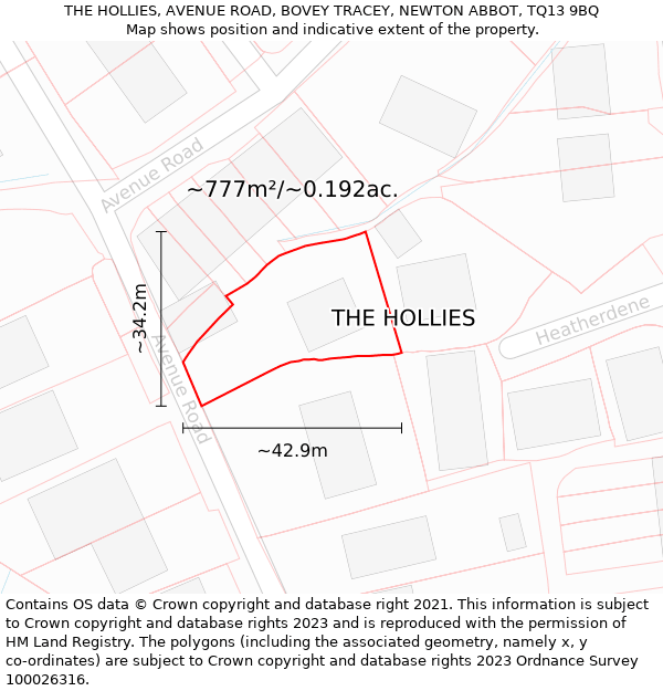 THE HOLLIES, AVENUE ROAD, BOVEY TRACEY, NEWTON ABBOT, TQ13 9BQ: Plot and title map
